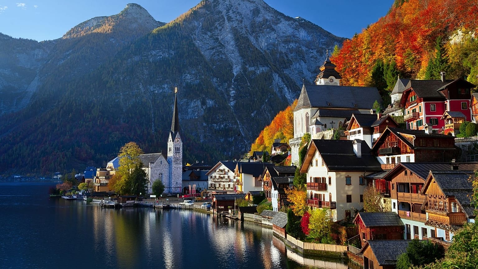 Hallstatt, Austria on a colourful autumn morning in October
