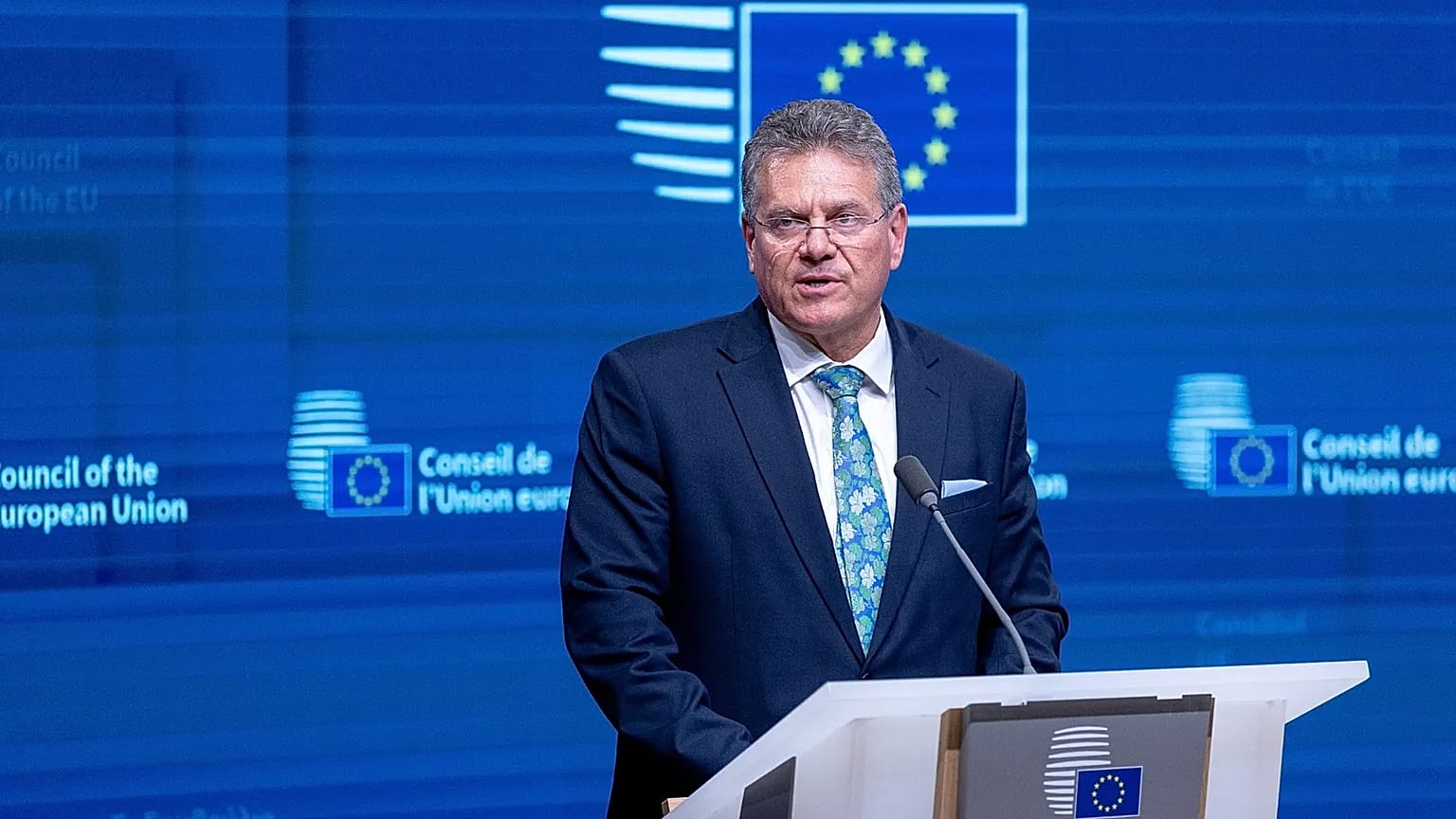 European Commissioner for Trade and Economic Security Maroš Šefčovič speaks during a media conference after the EU Trade Ministers meeting, Nov. 24, 2025.