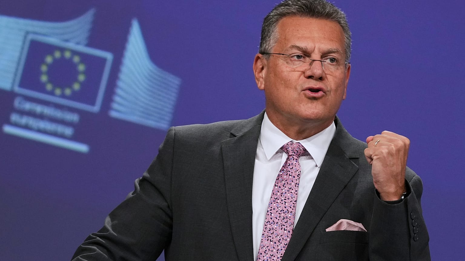 European Commissioner for Trade and Economic Security Maros Sefcovic speaks during a media conference at EU headquarters in Brussels, Wednesday, Sept. 3, 2025.