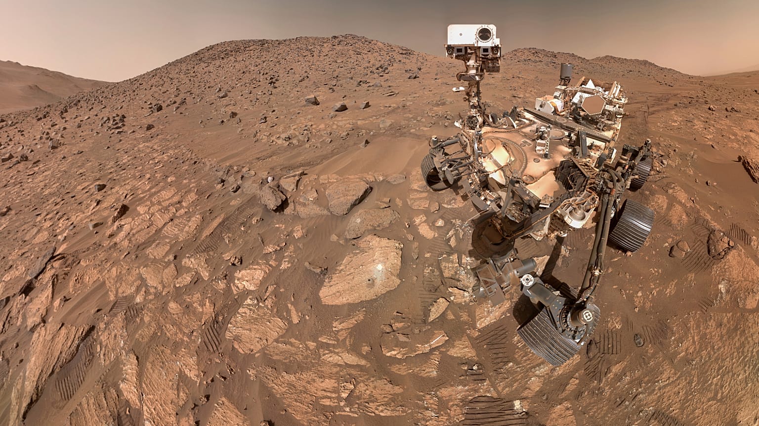 This image provided by NASA shows NASA's Perseverance Mars rover taking a selfie, made up of 62 individual images on July 23, 2024. 