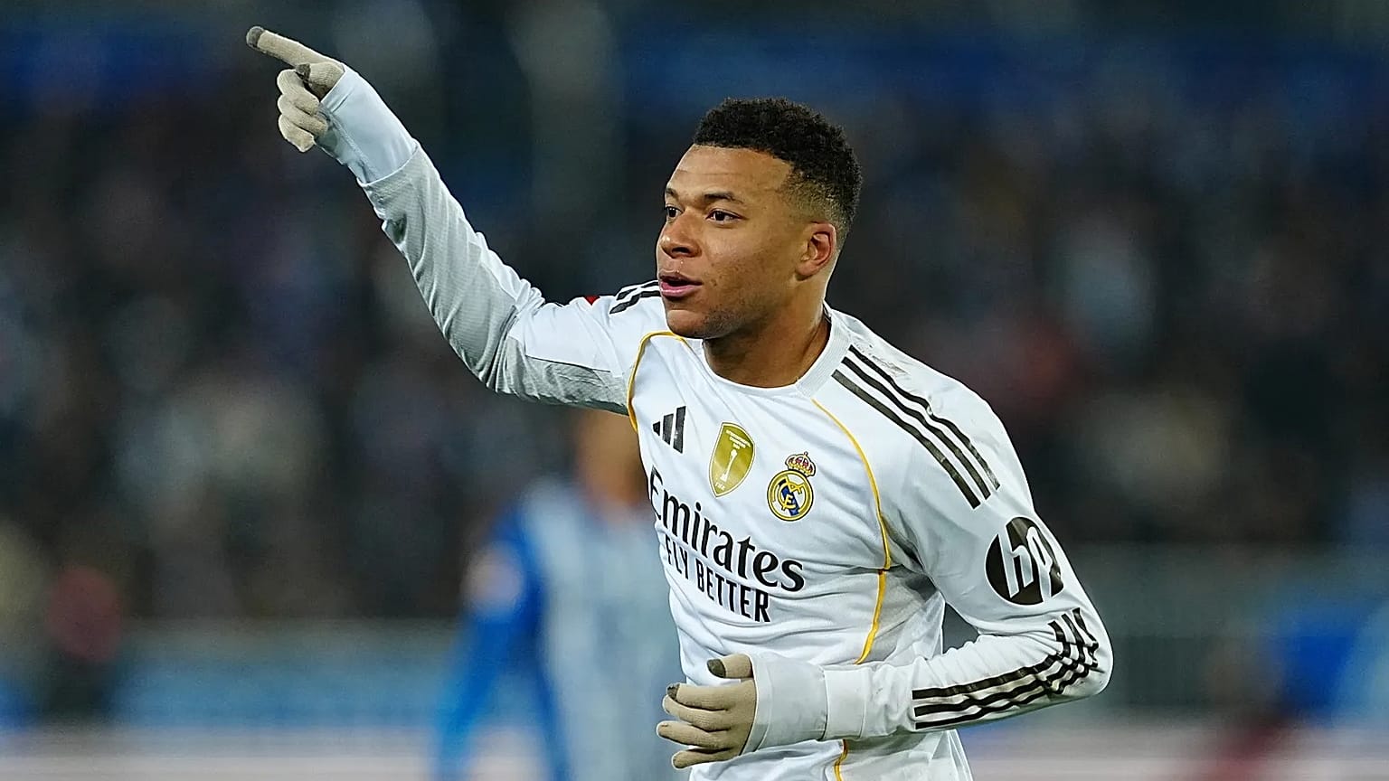 Real Madrid's Kylian Mbappé celebrates after scoring the opening goal during the Spanish La Liga soccer match between Alaves and Real Madrid, 14 December, 2025