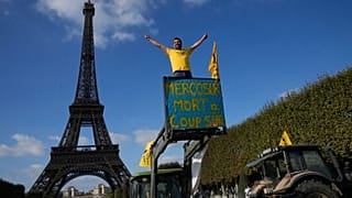 French farmers protest against the Mercosur trade alliance with South America countries, on Oct. 14, 2025 near the Eiffel Tower in Paris.