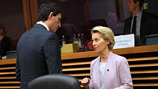 European Commission President Ursula von der Leyen, right, speaks with European Commissioner for Climate, Net-Zero and Clean Growth Wopke Hoekstra.