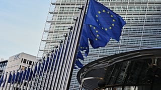 European Union flags flap in the wind outside of EU headquarters in Brussels.