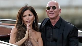 FILE - Lauren Sanchez Bezos, left, and Jeff Bezos depart from the Aman hotel during wedding celebrations in Venice, Italy. 28 June 2025.
